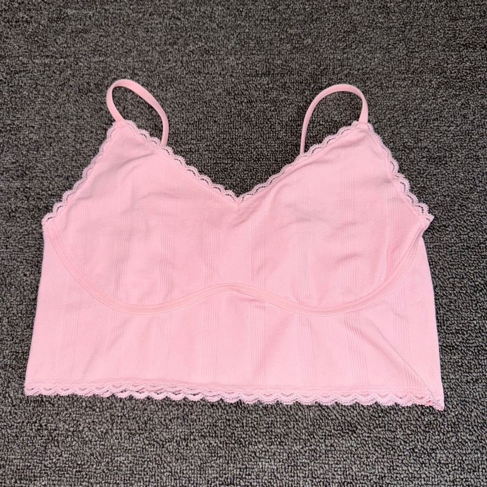 SO Intimates Pink Ribbed Lace Trim Bralette Crop Top Juniors Size Large Coquette